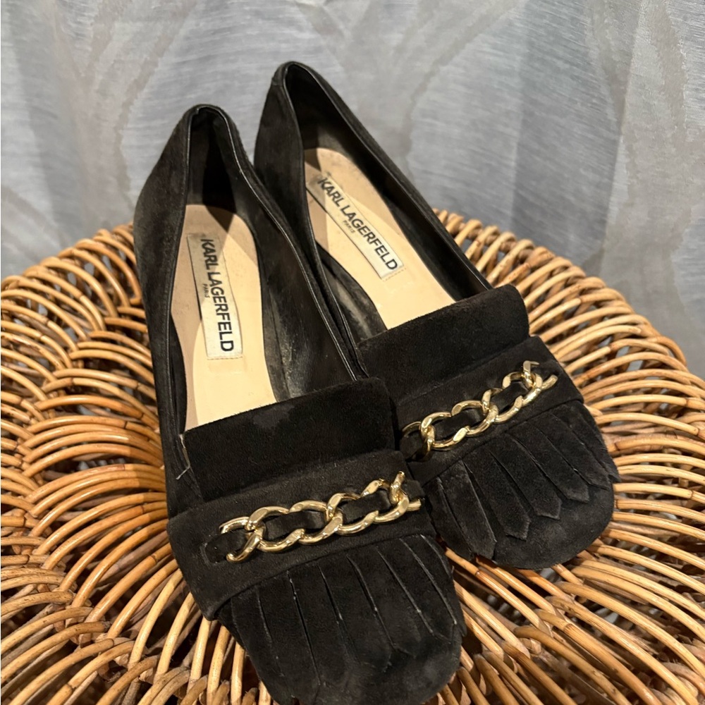 Karl Lagerfeld Kiltie Black Suede Block Heels with Gold Chain Accent